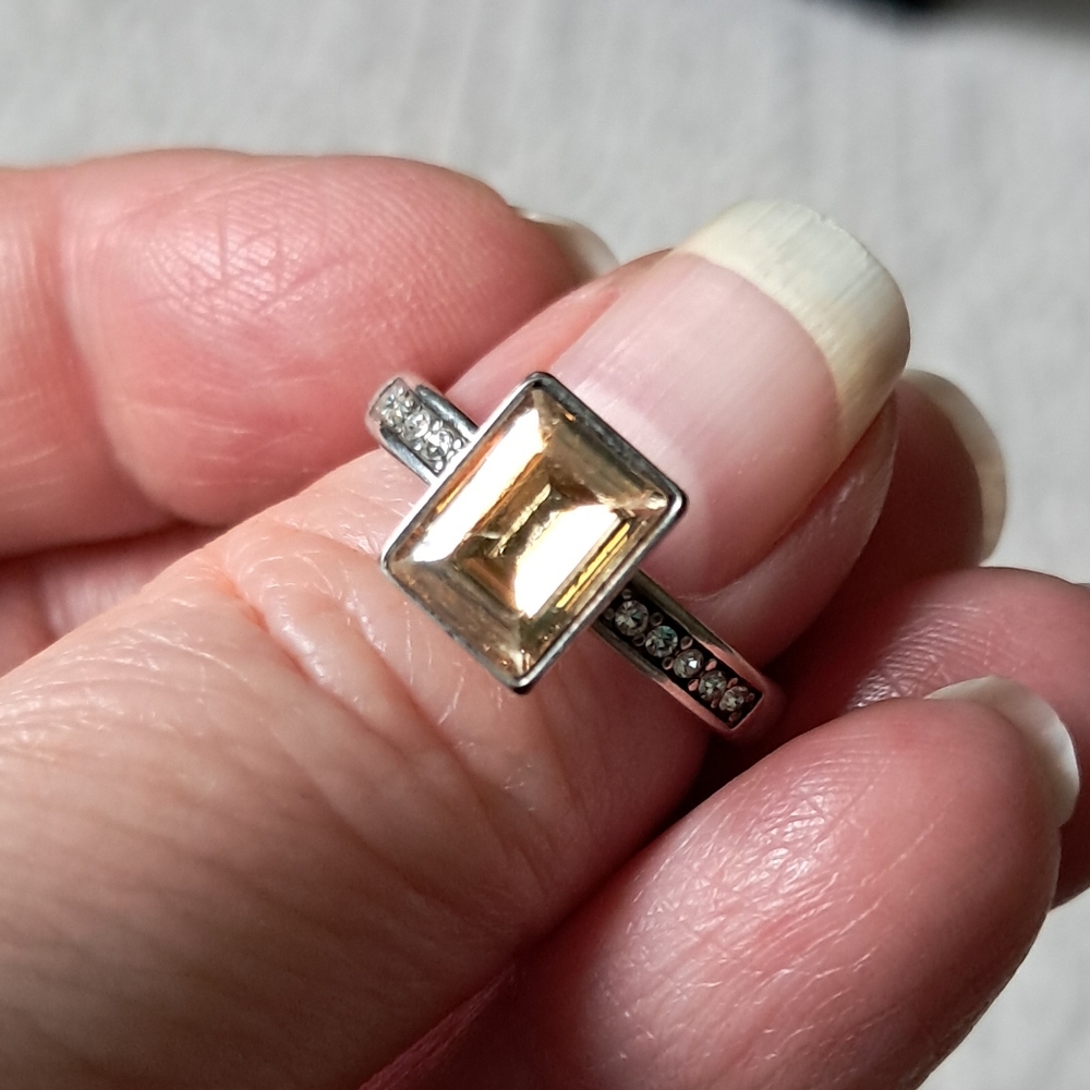 Sterling Silver White and Yellow Moissonite Emerald Cut Engagement Ring Sz 6.25